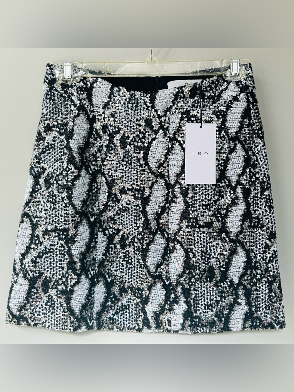 NWT IRO Alipa Black & Silver Sequin Snake-Print Mini Skirt Euro 36 US 4-6